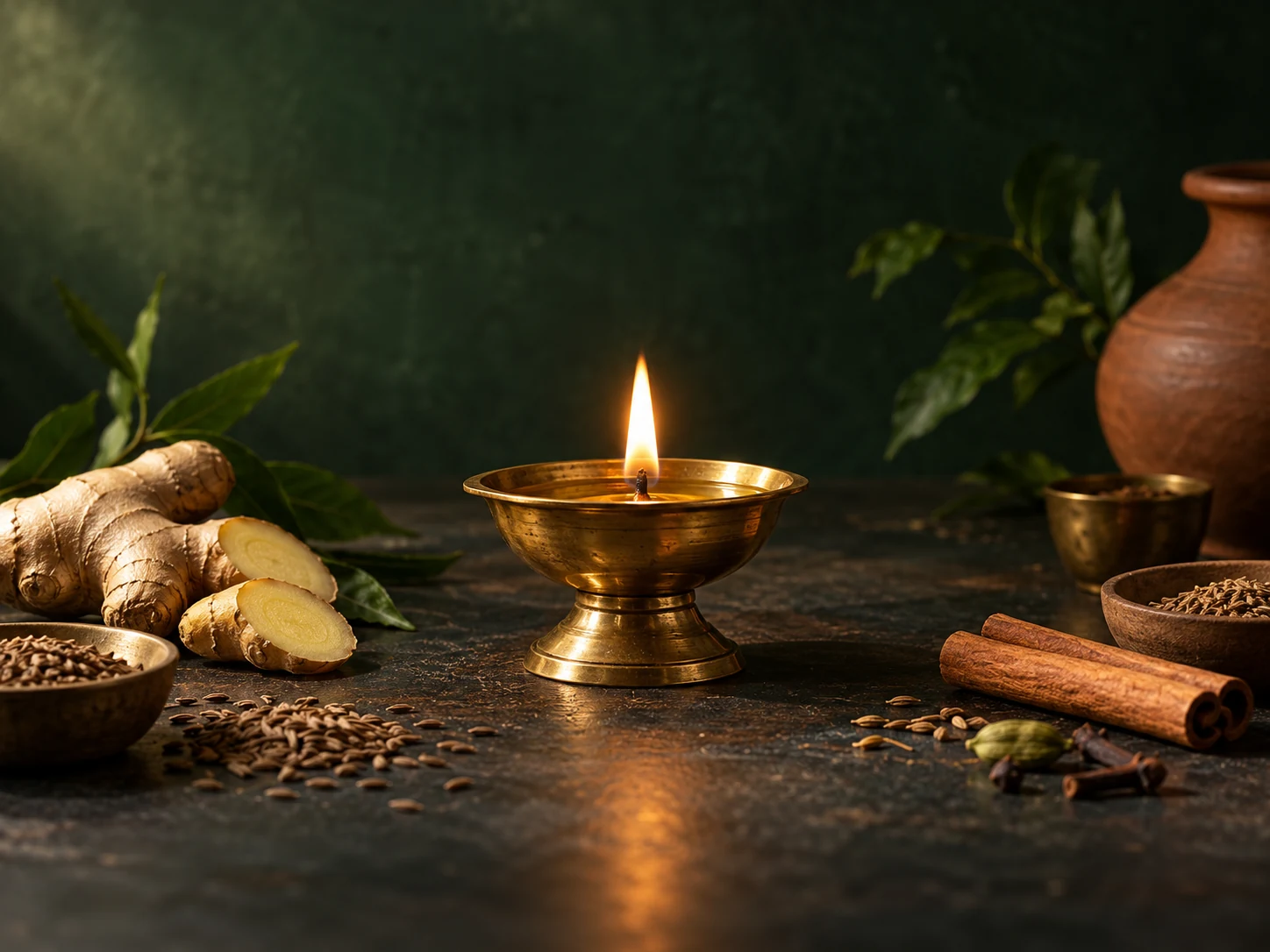 A steady flame in a brass oil lamp beside ginger and warming spices, symbolizing agni in Ayurveda.