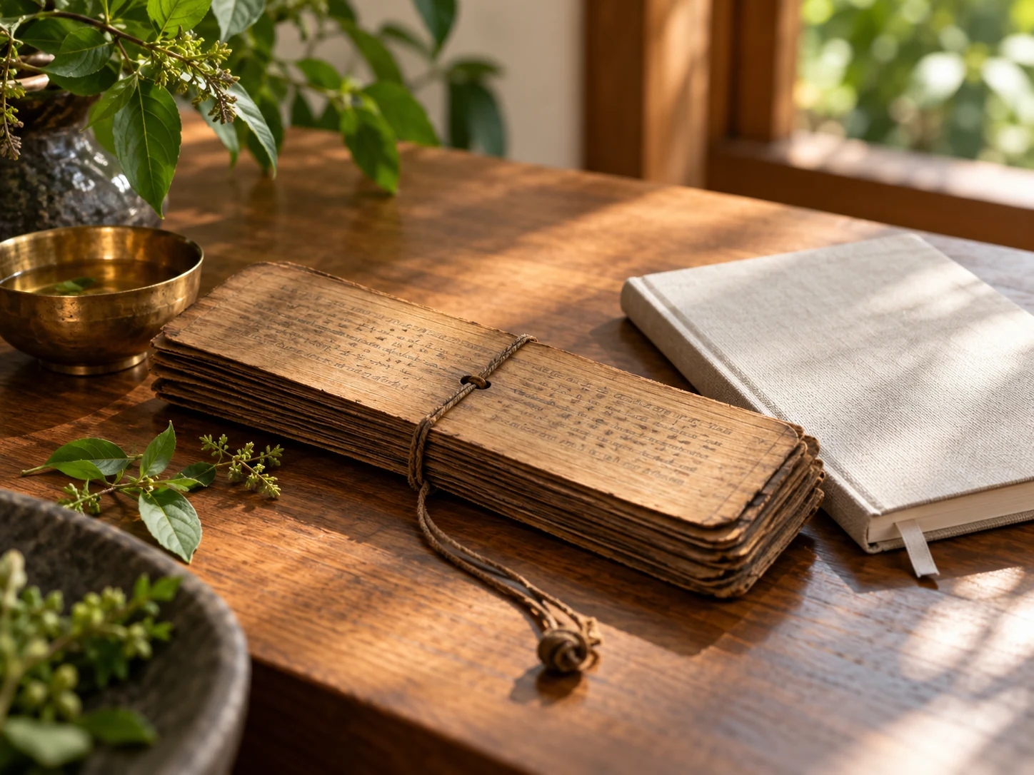 An illustrative palm-leaf manuscript beside a modern blank notebook, herbs, and a brass bowl.