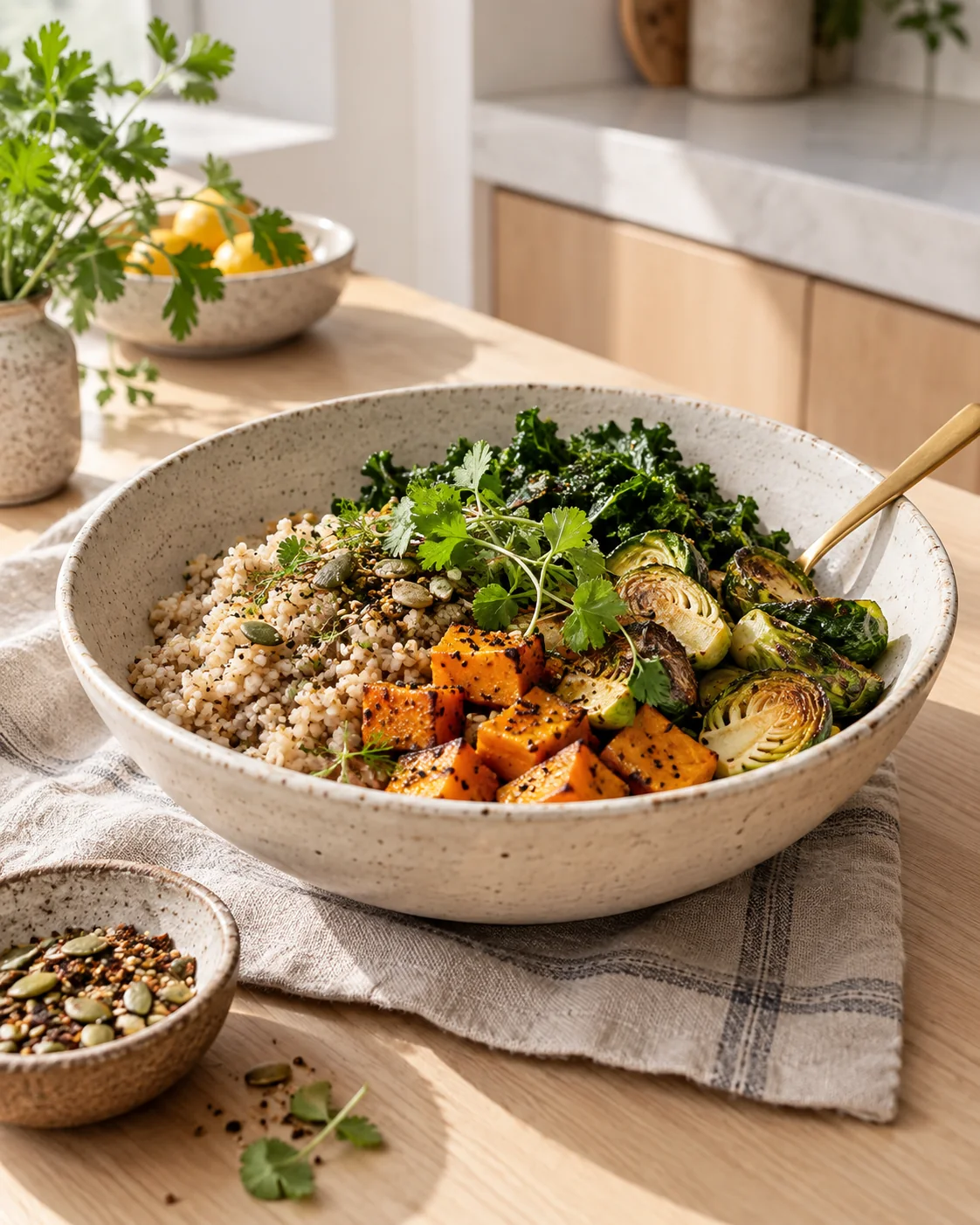 Contemporary bowl of nourishing food with herbs and vegetables.