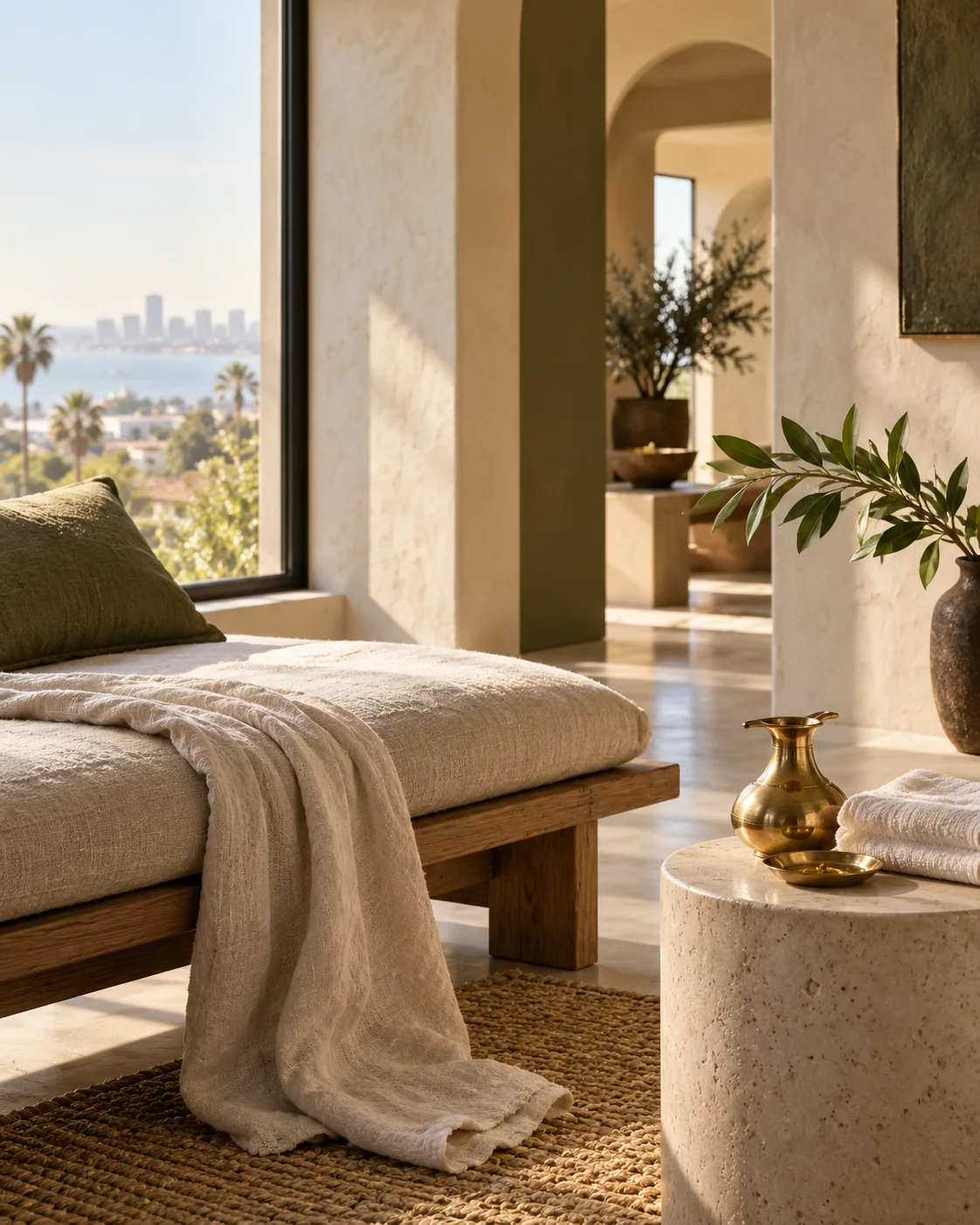 Quiet contemporary wellness scene with warm light and natural materials.