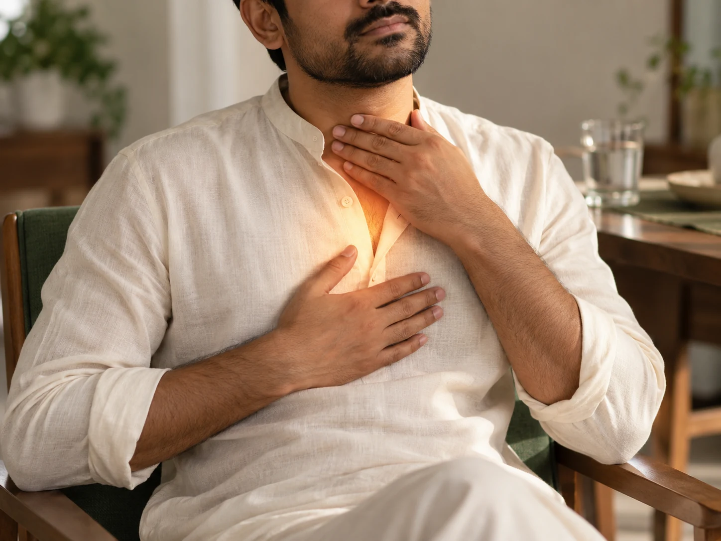 Illustrative image of an adult holding his chest and throat to suggest reflux discomfort.