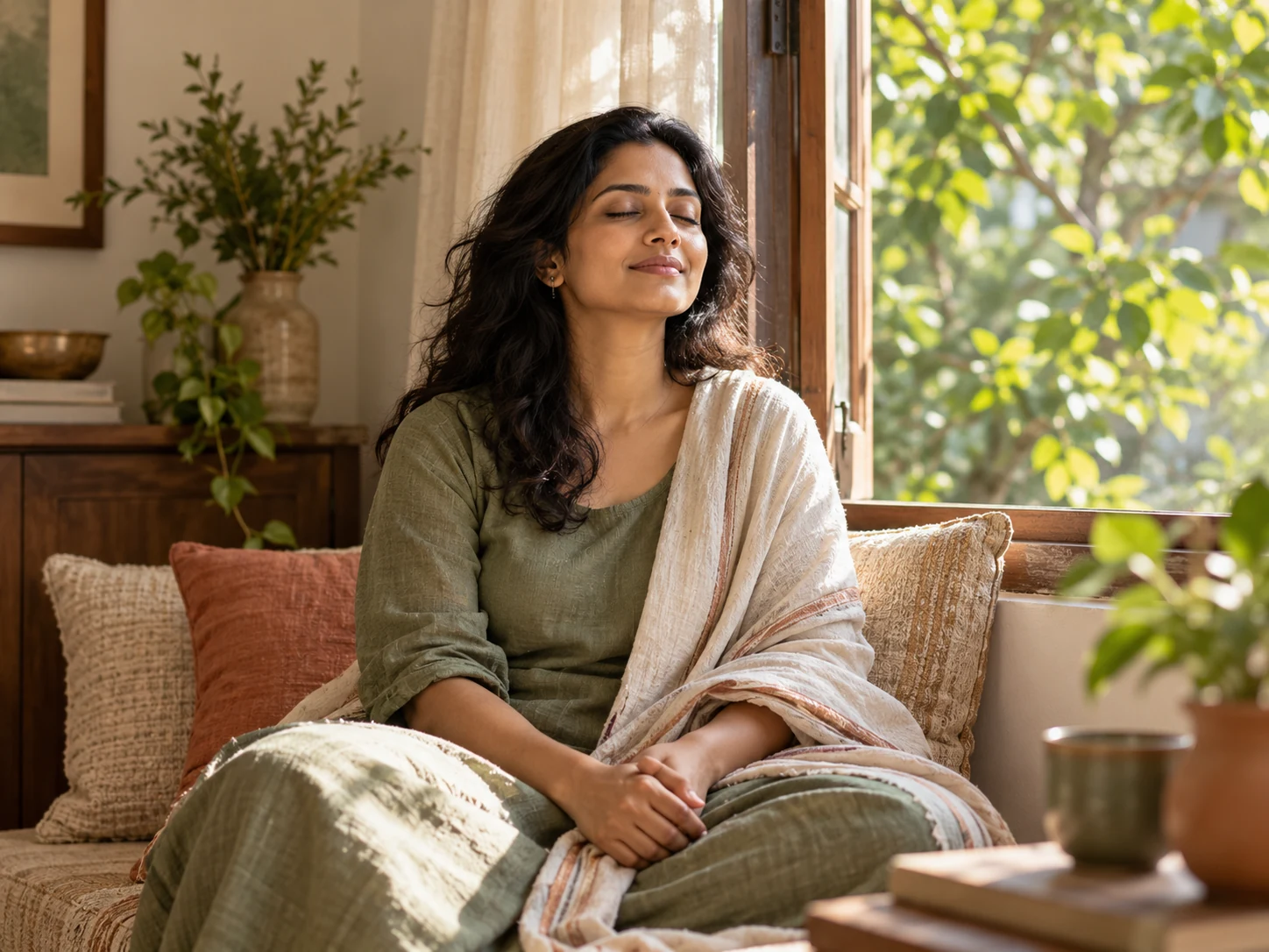 A woman pauses in quiet reflection by a sunlit window, with greenery outside.