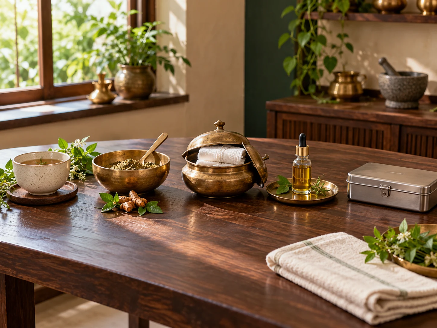Five distinct illustrative Panchakarma preparations arranged on a clean wooden clinical worktable.