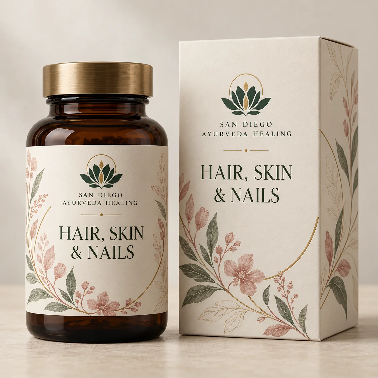 Amber bottle with wraparound Hair, Skin & Nails label and matching carton