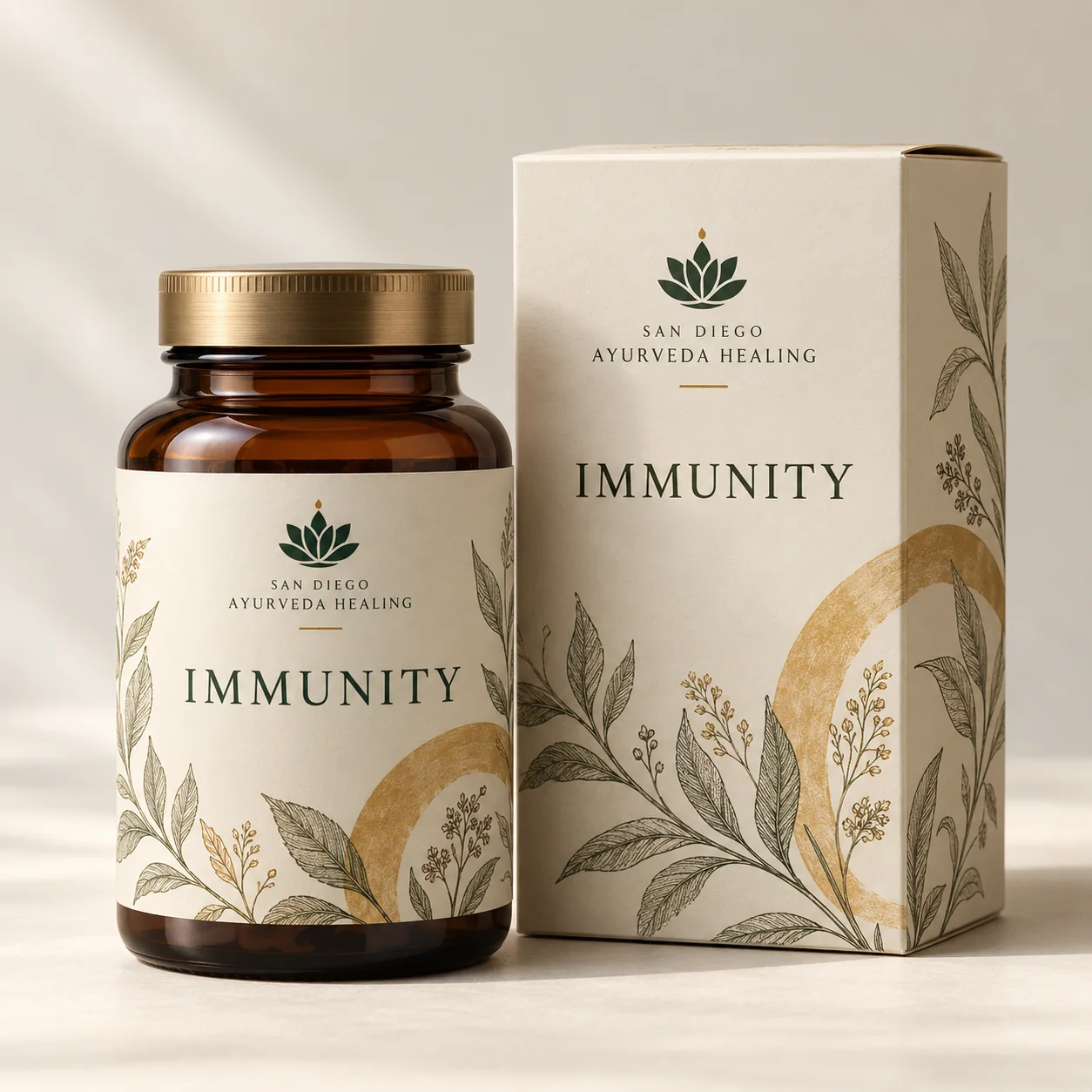 Amber bottle with wraparound Immunity label and matching carton