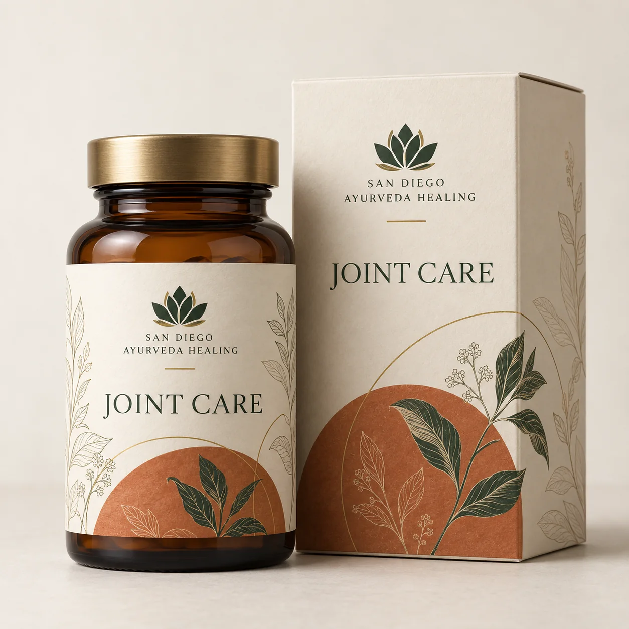 Amber bottle with wraparound Joint Care label and matching carton