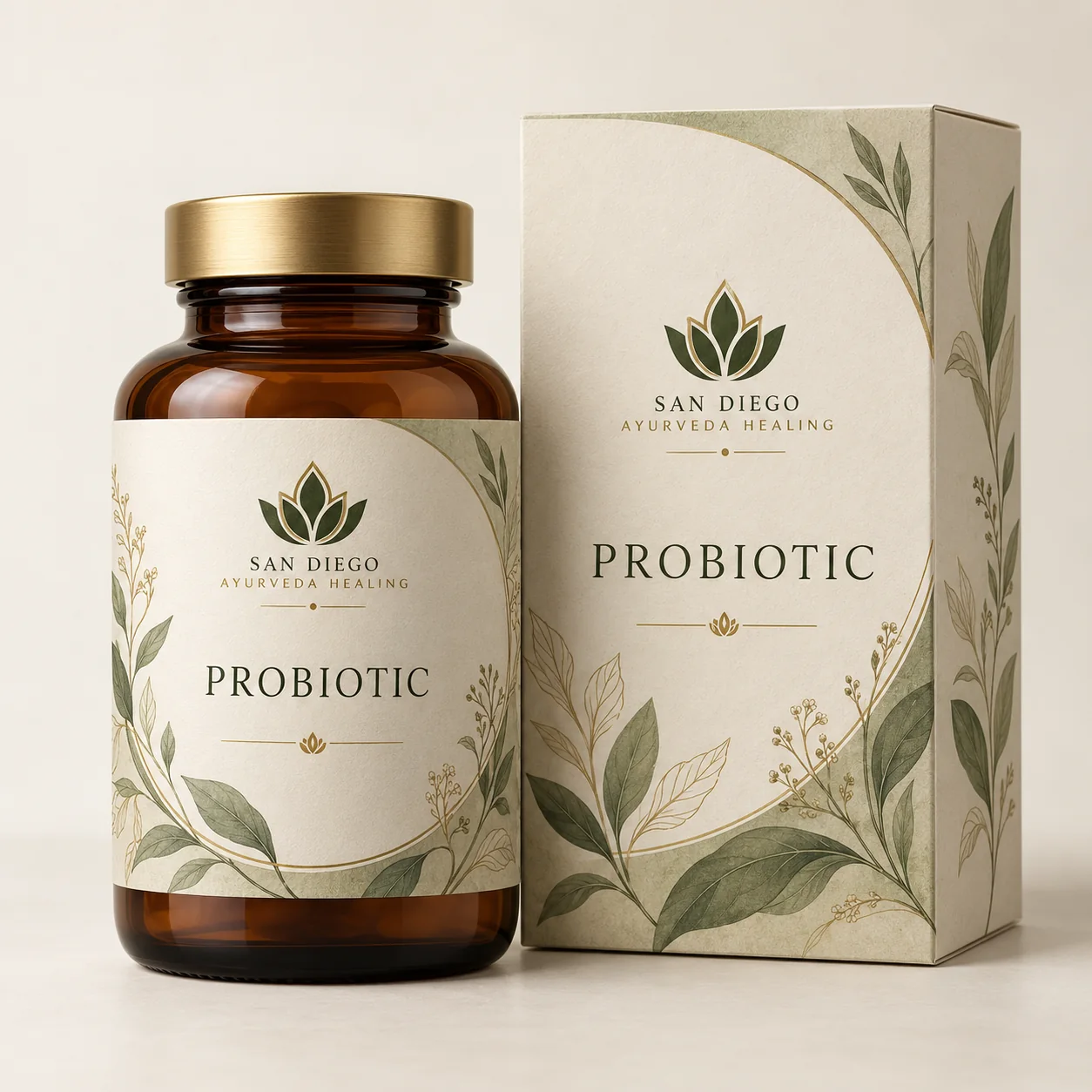 Amber bottle with wraparound Probiotic label and matching carton