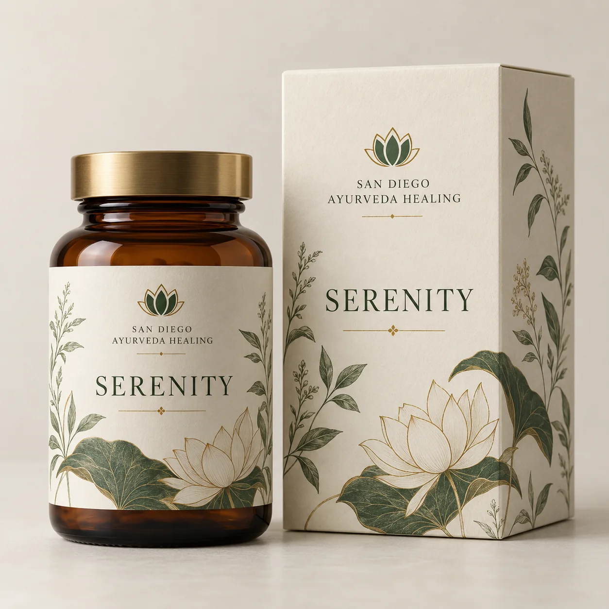 Amber bottle with wraparound Serenity label and matching carton