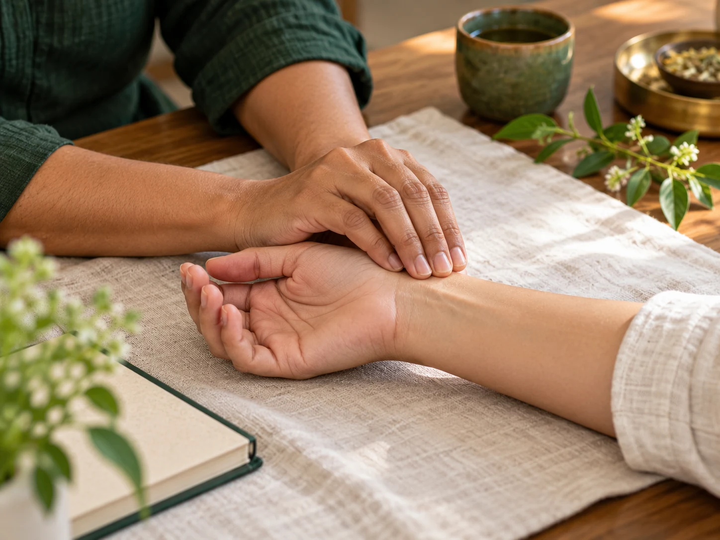 Close view of a practitioner’s fingertips resting on a client’s wrist during an illustrative Ayurvedic pulse assessment.