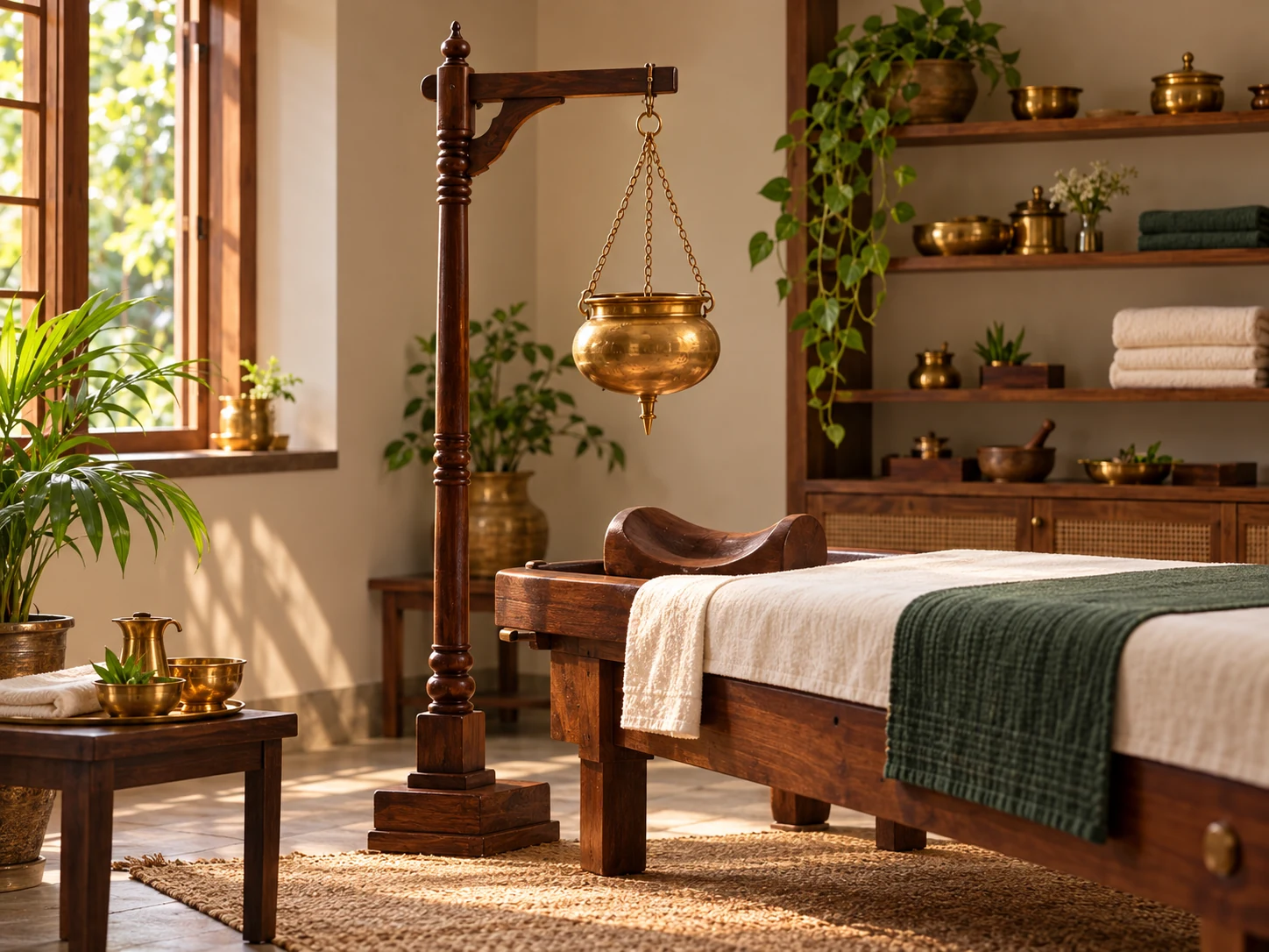 Illustrative Shirodhara treatment room with a suspended brass oil vessel beside a prepared wooden table.