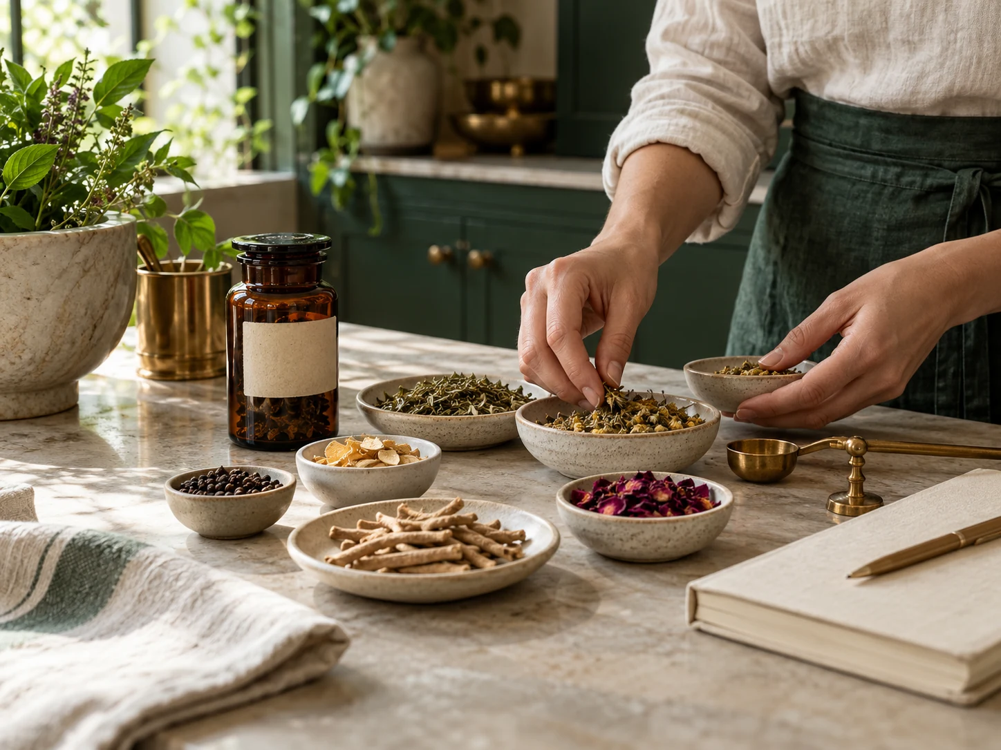 Illustrative modern apothecary workspace with hands selecting dried botanicals, an amber jar, and a notebook