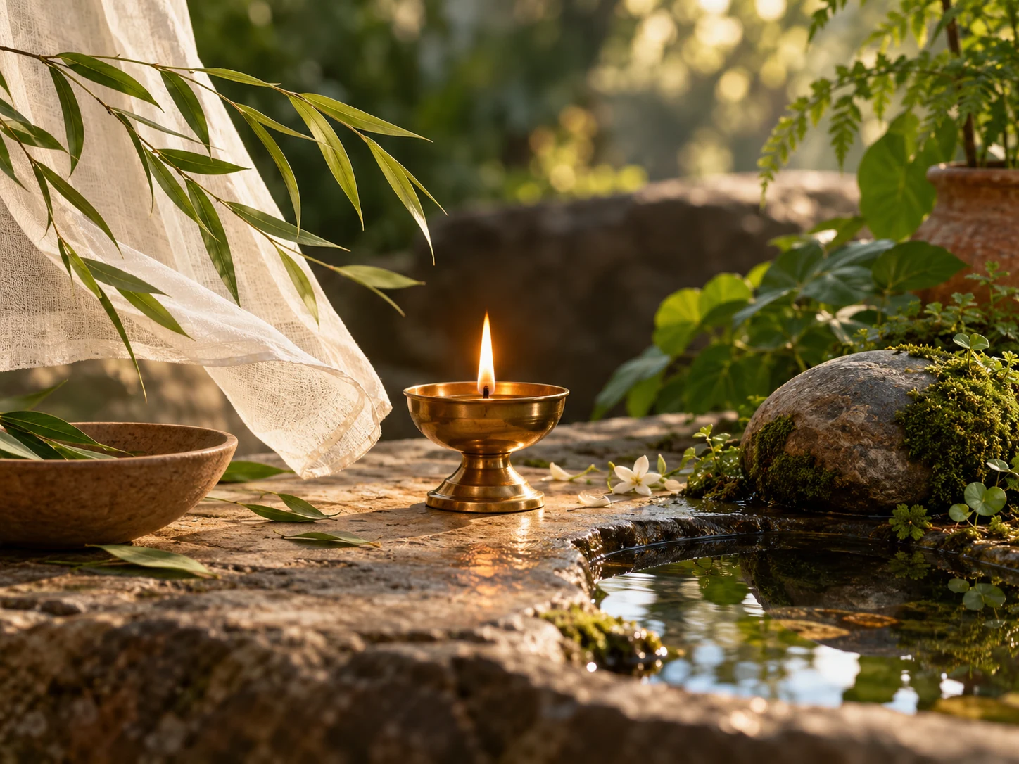 Moving leaves and linen, a brass lamp flame, and mossy stone beside water evoke the qualities of Vata, Pitta, and Kapha.